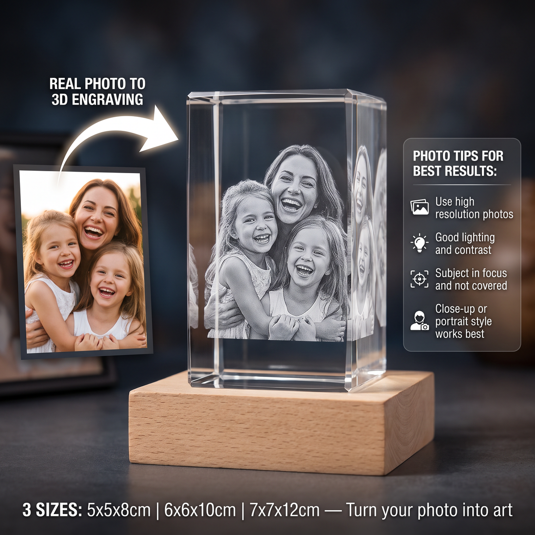 Custom 3D Laser Engraved k9 Crystal Any size includes the base with light